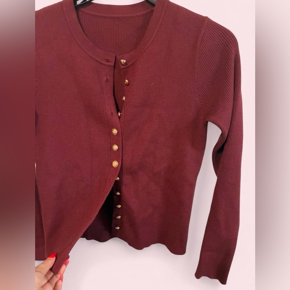NWT Commense Burgundy Ribbed Gold Button Cardigan - Size XL - Picture 2 of 5
